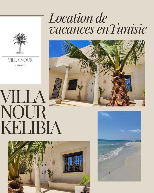 eine Collage mit Fotos eines Hauses und einer Palme in der Unterkunft Villa Nour Kélibia in Kelibia