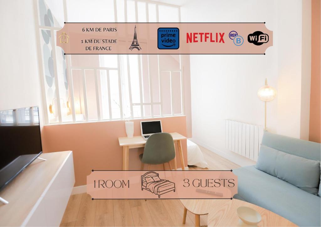 a room with a table and a desk with a laptop at Stadium Pink Loft 5min Rer near Paris in Aubervilliers