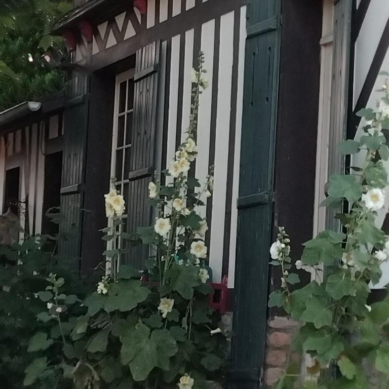 Une porte menant à une maison avec des fleurs. dans l'établissement Le vieux pré de la motte, à Villers-sur-Mer