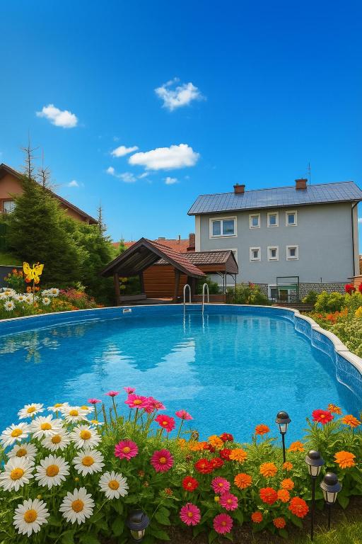 a large swimming pool with flowers in the yard at Penzión u Veroniky in Ždiar