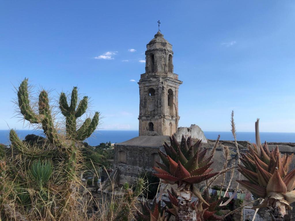 een oude kerk op de top van een heuvel met cactussen bij Ponente Blue Appartamenti, 7 in Arma di Taggia
