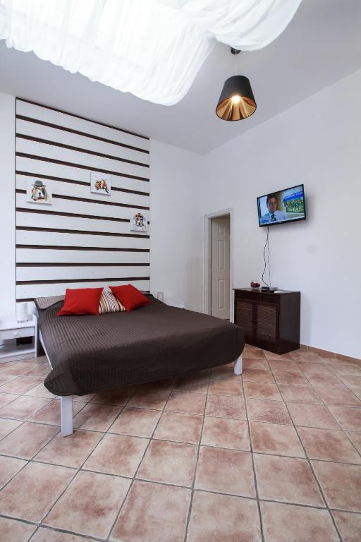 a bedroom with a large bed and a tv at Ecoappartment in Mosonmagyaróvár