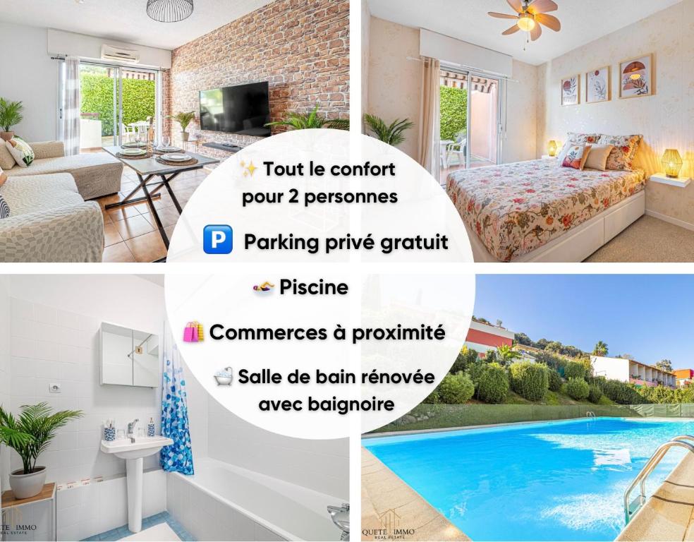 un collage de photos d'une chambre et d'un salon dans l'établissement Havre de paix à Villeneuve Loubet, à Villeneuve-Loubet