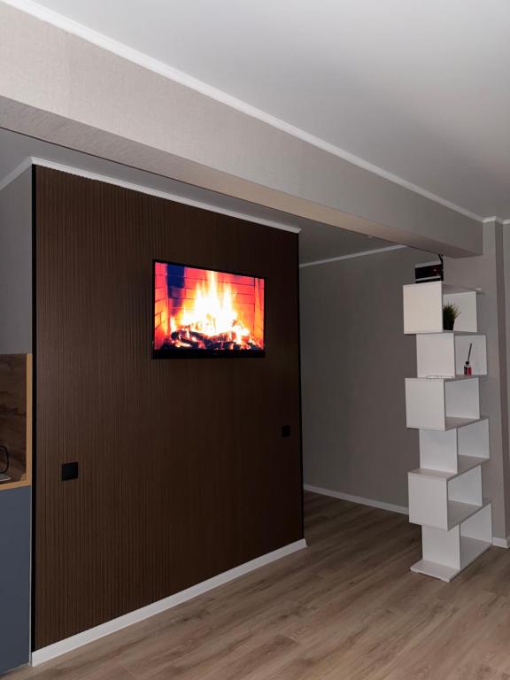 a fireplace in a living room with a tv on a wall at Апартаменты в самом центре города in Balqash