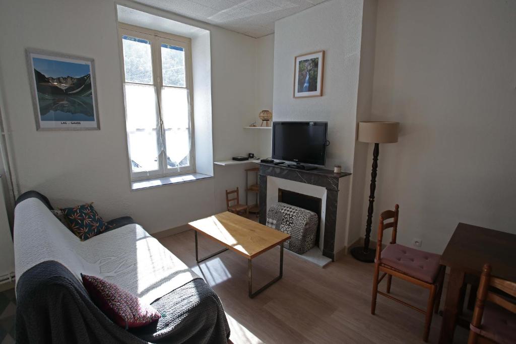 Una sala de estar con un sofá y una chimenea. en Appartement lumineux, calme, RDC, 2 min du centre, en Cauterets