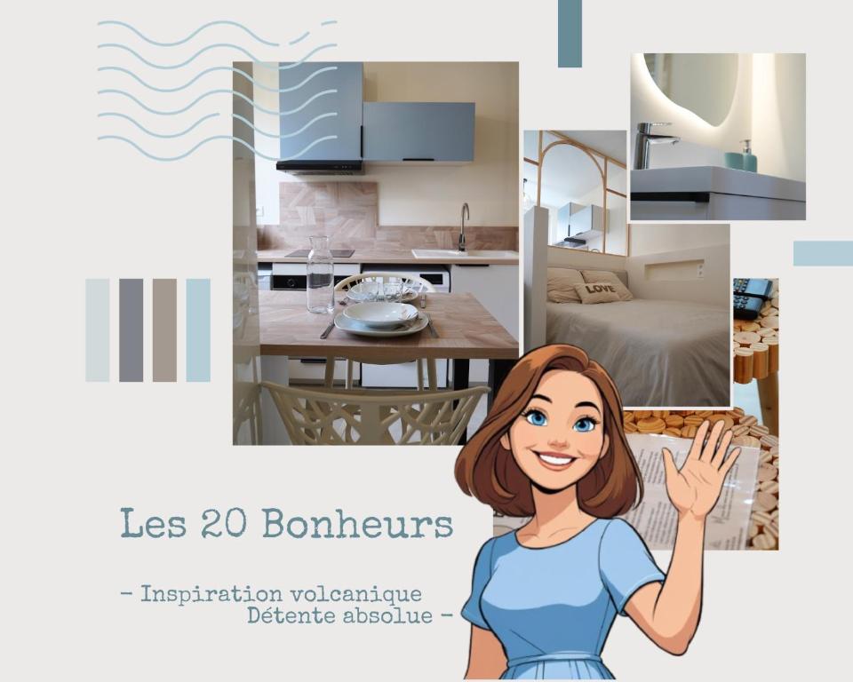 un collage di foto di una cucina e di una donna di Les 20 bonheurs - Cosy pour 2 pers - Check-in 24-24 ad Aubière