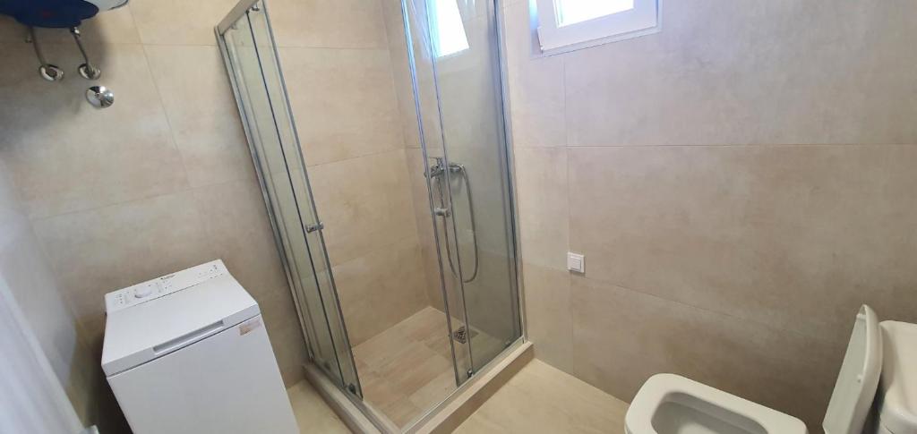 a bathroom with a shower and a toilet at Aqua Apartments in Bigovo
