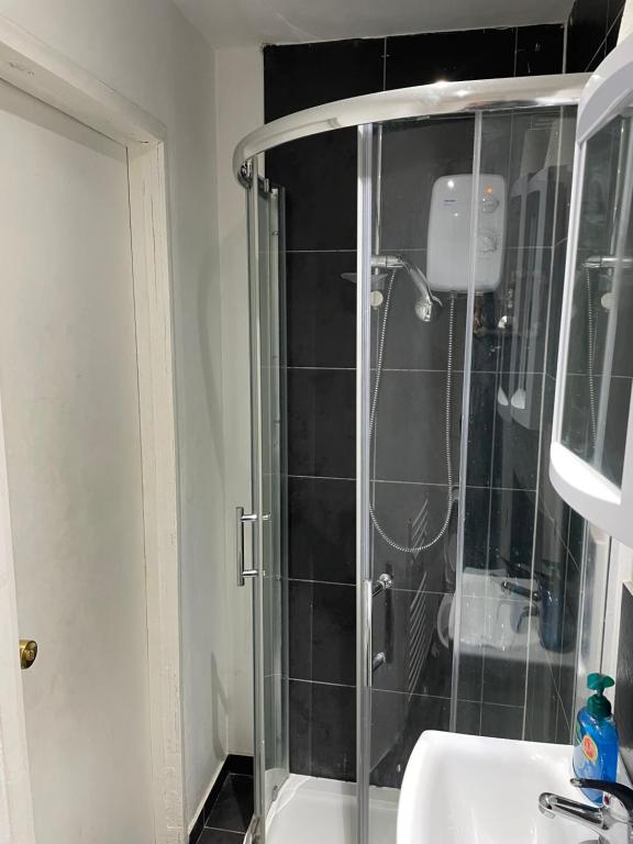 a bathroom with a shower with a sink and a toilet at Budget Studio Room Thamesmead in Thamesmead