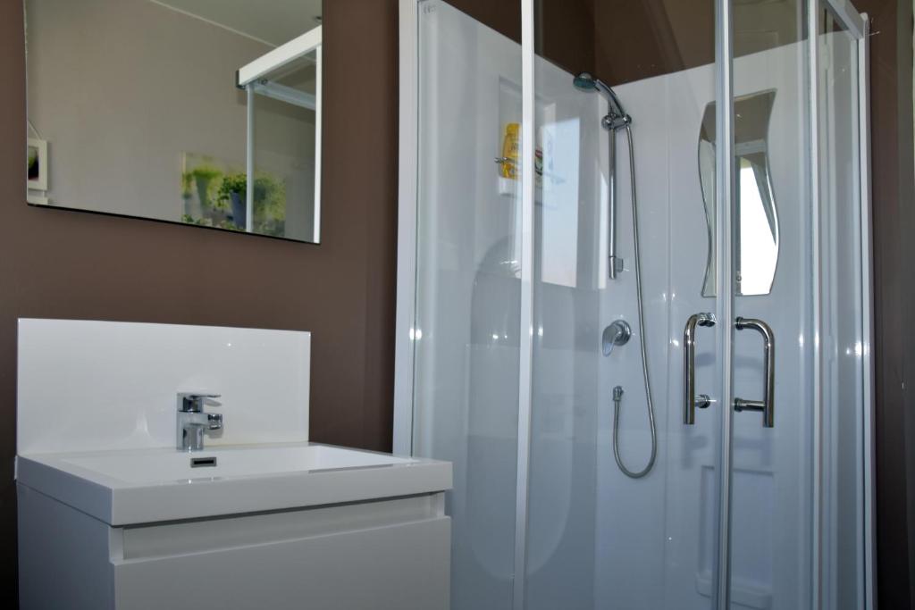 ダンケルクにあるGite l'Escale Maloの洗面台とシャワー付きの白いバスルーム