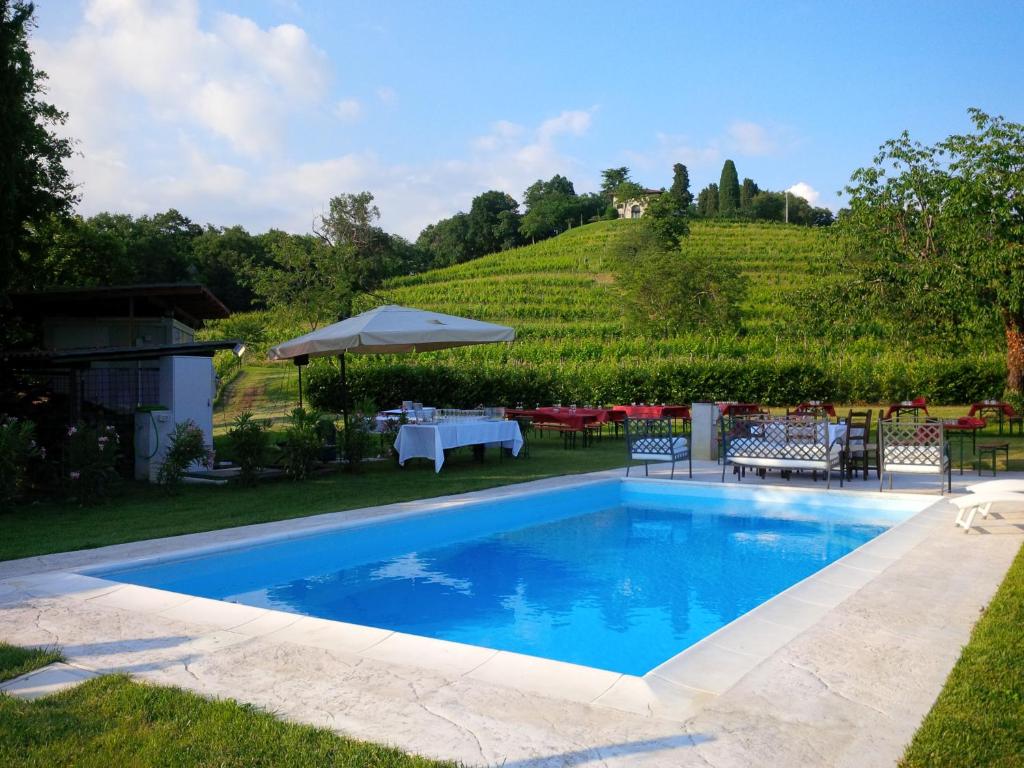 een zwembad in een tuin met een tafel en een parasol bij Agriturismo Giorgio Colutta in Manzano