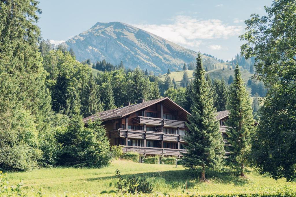 a house in the woods with a mountain in the background at Wirie-Lodge in Diemtigen Ferienwohnung am Wiriehorn in Diemtigen