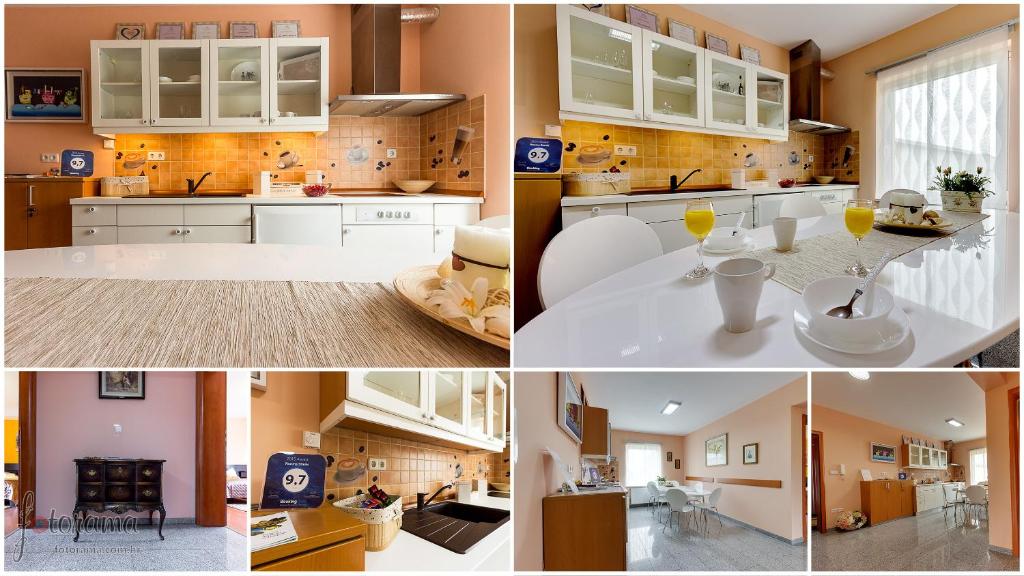 a collage of photos of a kitchen with white cabinets at Rooms Stanic in Velika Gorica