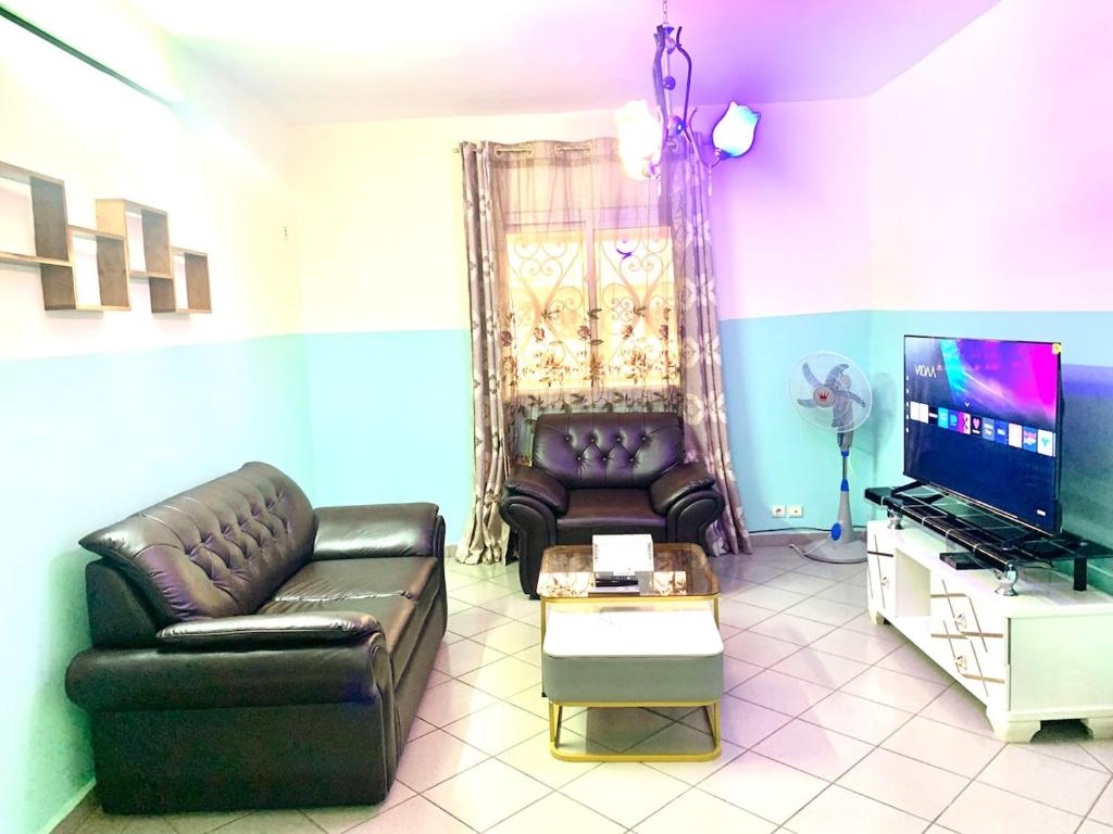 a living room with two leather couches and a tv at Porche apart mimboman Yde in Kofa