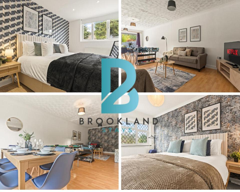 a collage of photos of a bedroom and a living room at Six Bedroom House by Brookland Stays Serviced Accommodation Short Lets Hertfordshire with Free WiFi in Leavesden Green