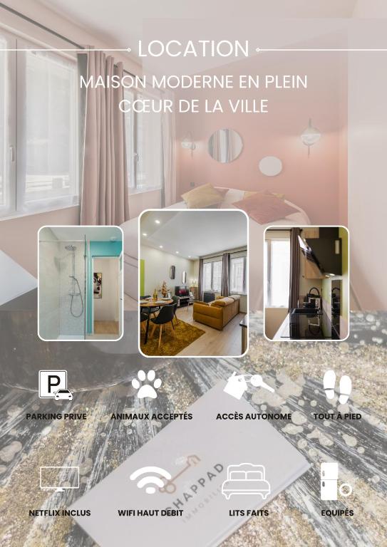 un collage de photos d'un salon et d'une chambre dans l'établissement Le Cotin des Cordiers 2, F2 hypercentre, avec parking, au Tréport