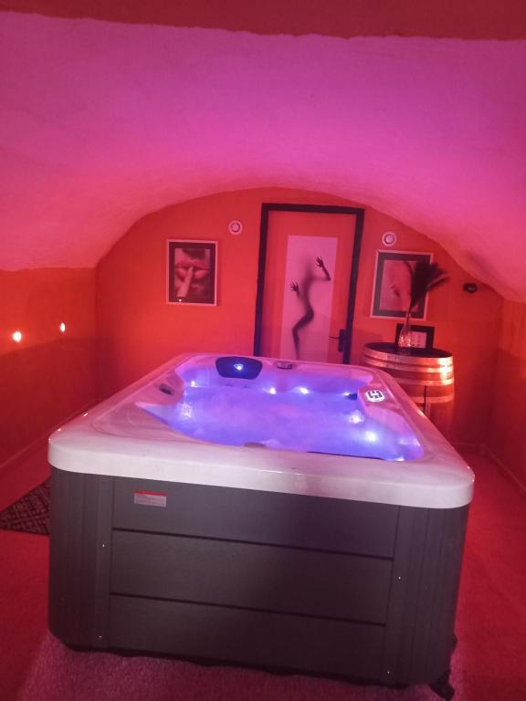 ein Whirlpool in einem Raum mit violetter Decke in der Unterkunft La Taverne de papy in Saint-Crépin