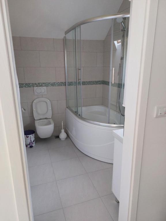 a bathroom with a tub and a toilet and a sink at Apartman Nikola in Malo Središte