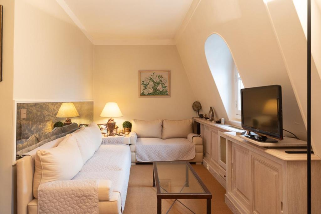 un salon avec un canapé et une télévision dans l'établissement Small haven with garden in the heart ofParis, à Paris