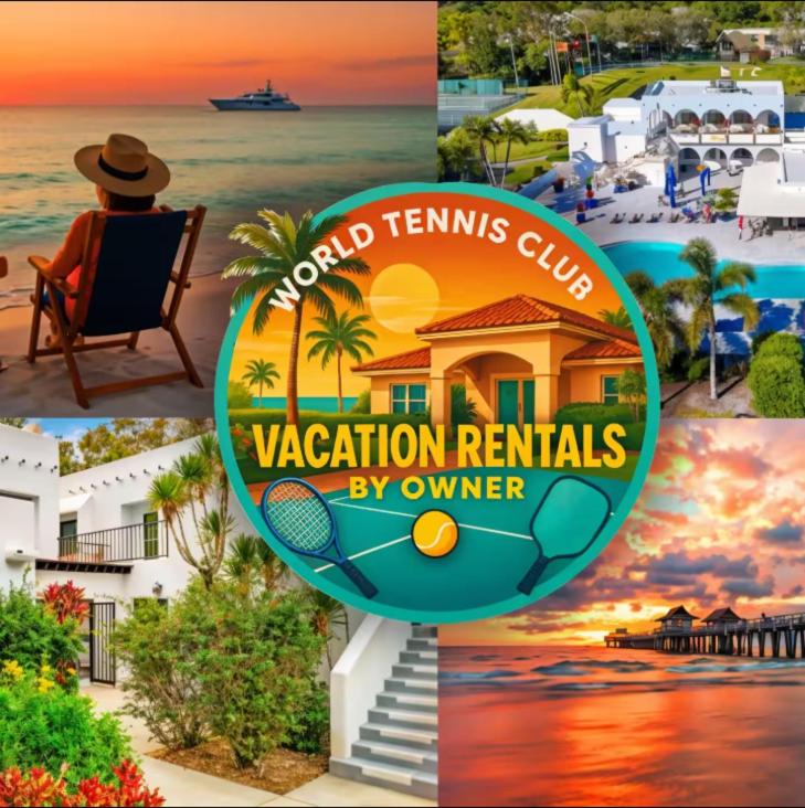 a collage of pictures of a resort with a sign at Naples Dream at WTC with Heated Pool SPA Sauna 7 bicycles and 3 mls to beach in Naples