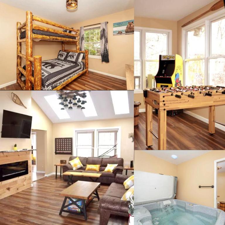 a collage of four pictures of a living room at Bear Cabin-3 BR 2 Bath with Indoor Hot tub-one level-FREE Pool Pass-Pet welcome in McGaheysville