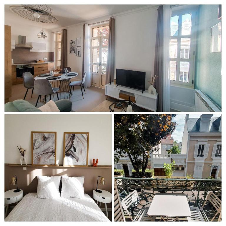 deux photos d'une chambre avec un lit et un salon dans l'établissement Appartement T3 à deux pas du centre-ville, à Vichy