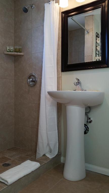 a bathroom with a sink and a shower with a mirror at Trees Motel in Bishop