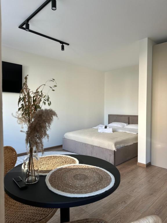 Postel nebo postele na pokoji v ubytování Dvaro central studio