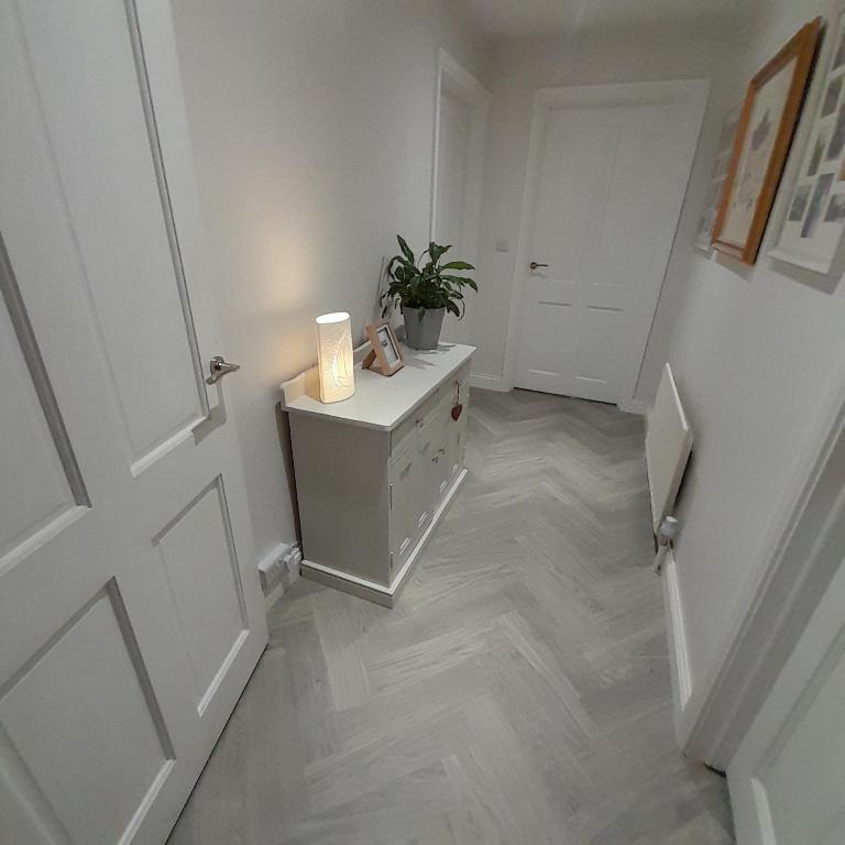 a hallway with a door and a table with a plant at Forest view in Ballycassidy