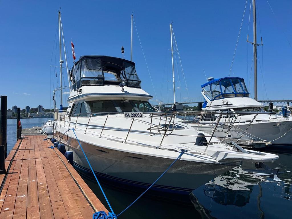 twee boten aangemeerd op een dok in het water bij HatTrick Sea View in Halifax
