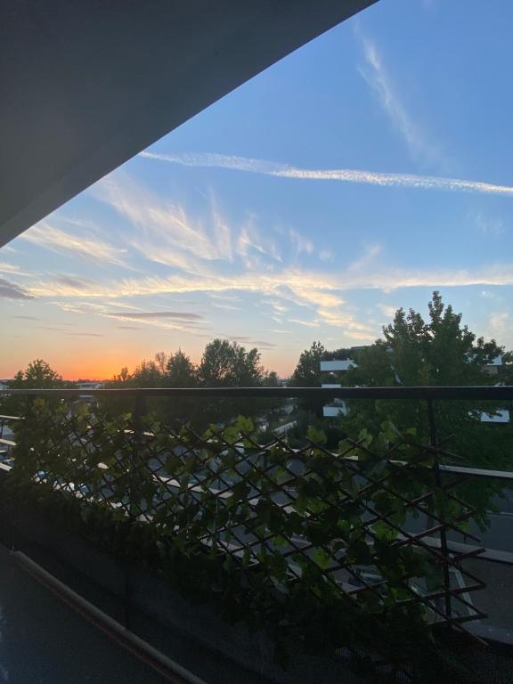 ブルージュにあるAppartement au bord du lacのバルコニーから夕日の景色を望めます。