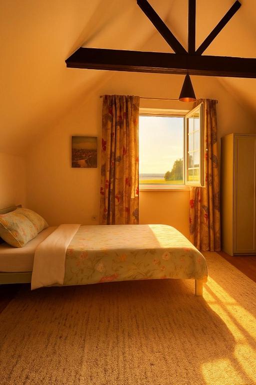 KelmėGedvilų sodyba的一间卧室,配有一张大床和一扇窗户。