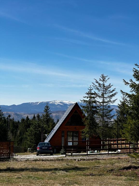 a cabin with a car parked in front of it at Cabană Panoramic Aframe in Dealu Negru