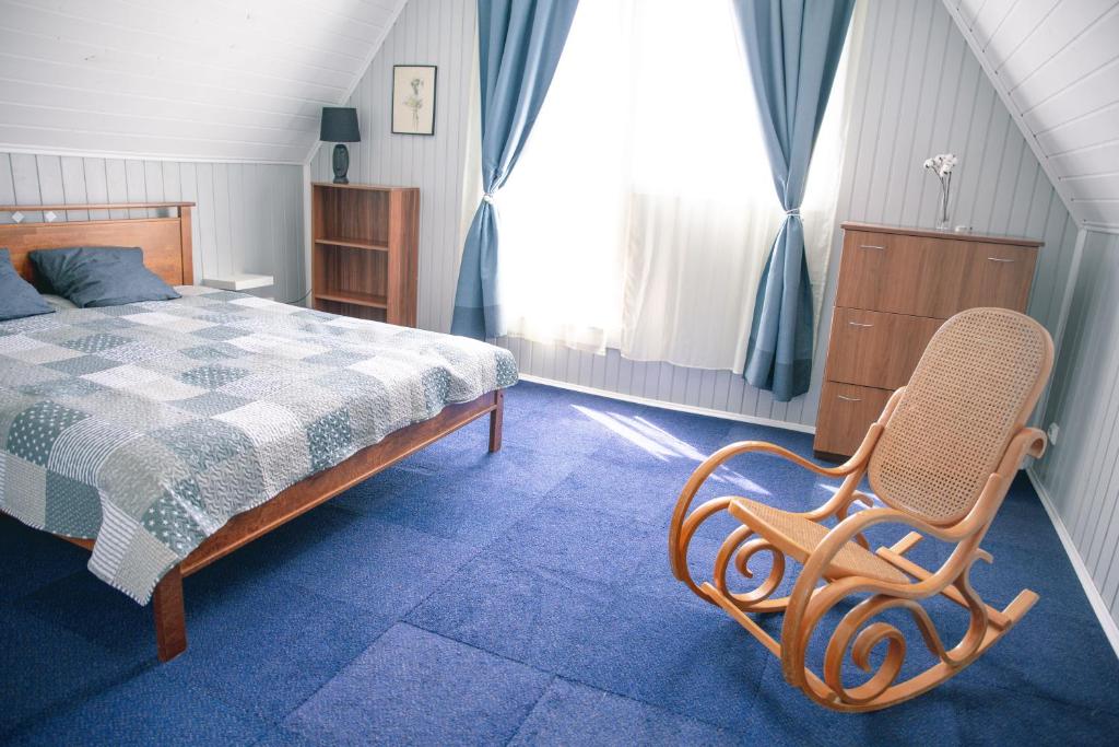 a bedroom with a bed and a chair in it at Baurine Puhkemaja in Aseri