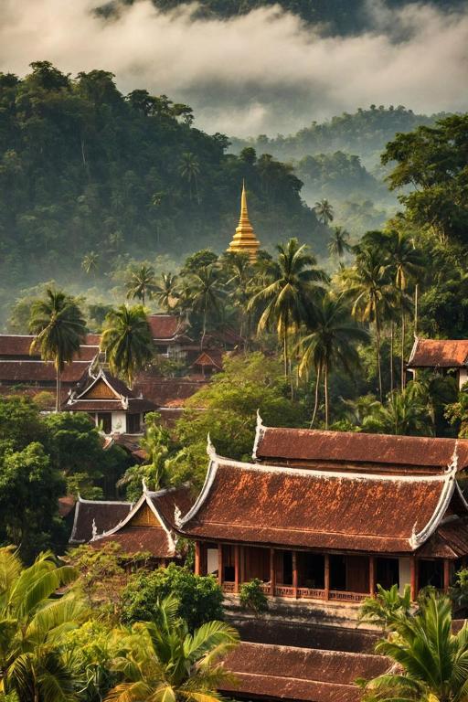 a view of a village with a temple and palm trees at Luang Prabang Inn in Luang Prabang