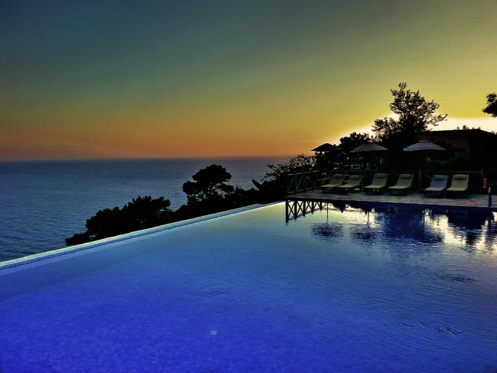 a large swimming pool with the ocean in the background at Olive Garden Kabak in Faralya