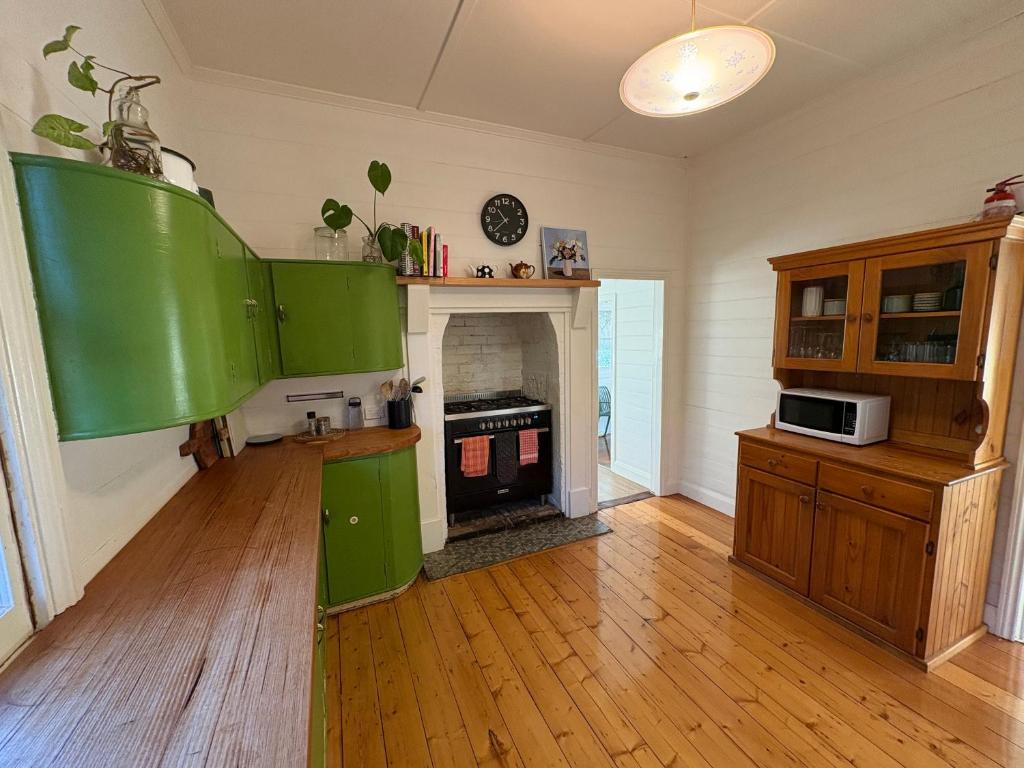 a living room with a green kitchen with a fireplace at The Nook on the Hill in Armidale