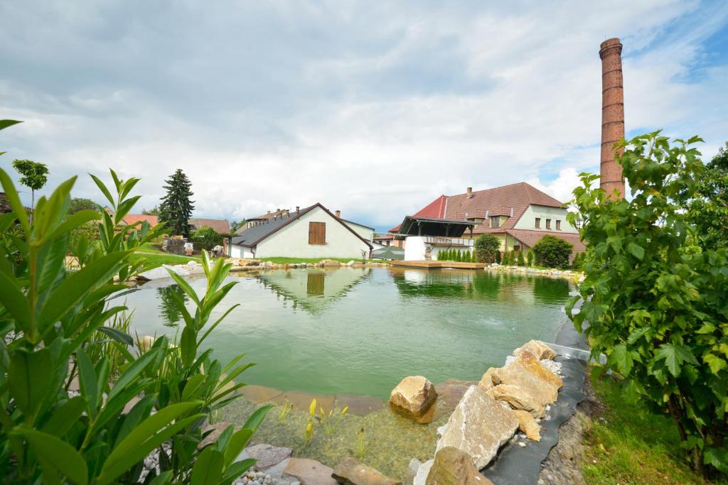 a view of a pond in a yard with houses at Pivovarský dvůr Lipan in Týn nad Vltavou