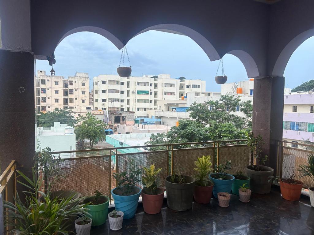 a balcony with a bunch of potted plants on it at Nature's Nest Homestay Tirupati close to Sri Padmavathi Ammavari Temple Tiruchanur close to toll road connecting all highways just behind Taj Tirupati and easy access to Garuda fly-over to Tirumala in Tirupati