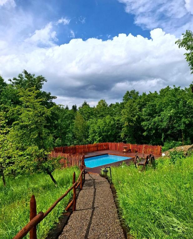 a swimming pool in a field next to a fence at Stodoła Głębuczek in Mystków
