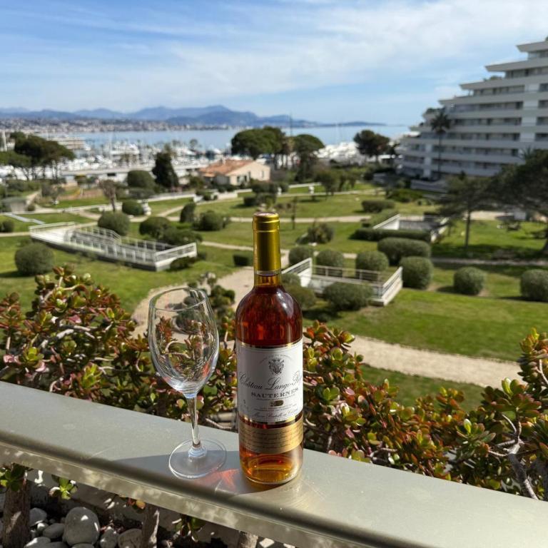 - une bouteille de vin et un verre de vin sur le balcon dans l'établissement Appartement Vue sur la mer à 5 minutes des plages, à Villeneuve-Loubet