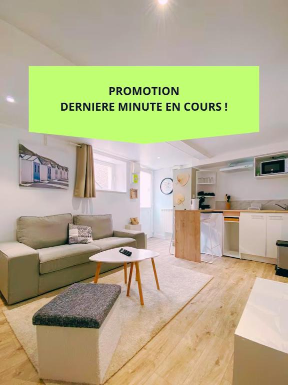 un salon avec un canapé et une table dans l'établissement Promo ! Le Nid du Bourg Idéal couple ! Proche plage et commerces - serviettes de toilette & linge de lit compris, à Ouistreham