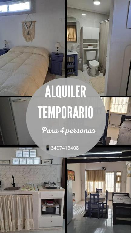 a collage of photos of a bedroom and a bathroom at Lo de lili in Ramallo