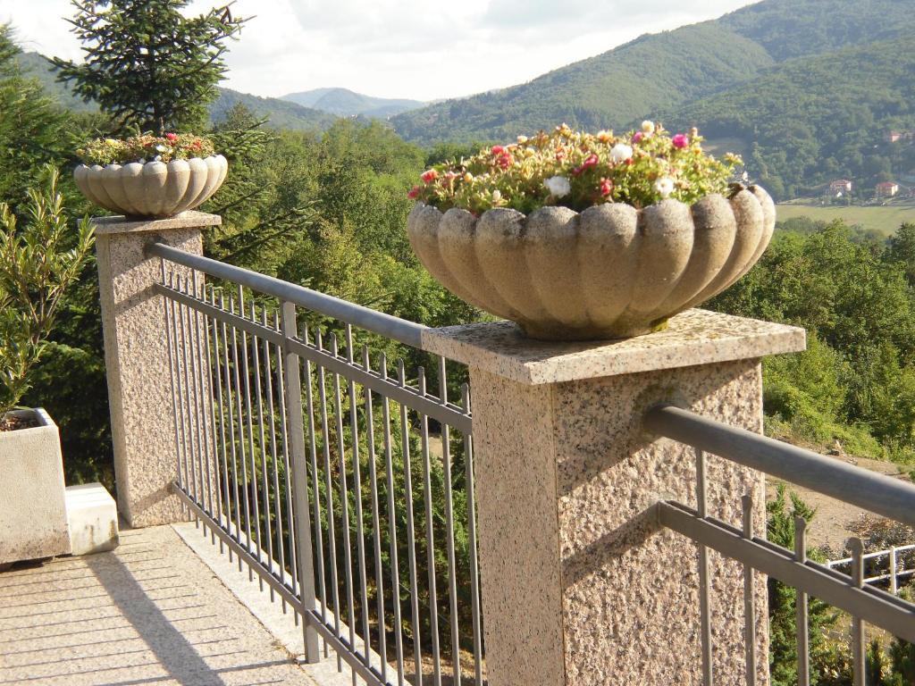 two large flower pots on a railing on a balcony at Agriturismo Le Giare in Genoa
