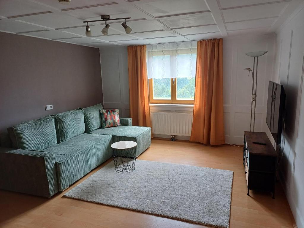 a living room with a green couch and a window at Ferienwohnung Löwenblick in Thüringerberg
