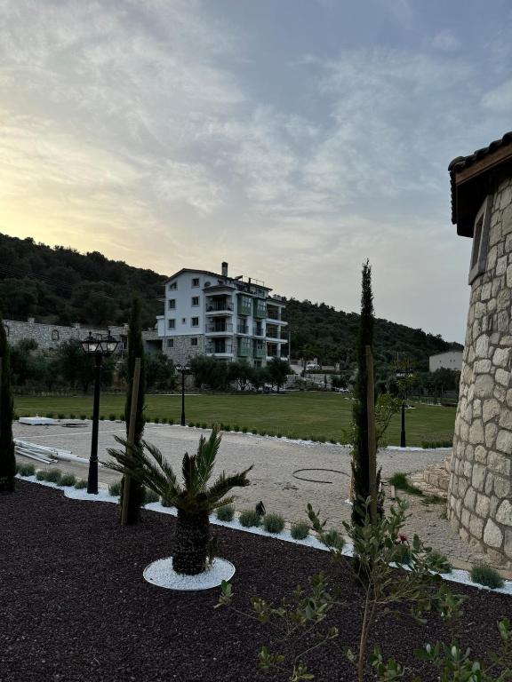 a building with a palm tree in front of a building at Valinor Urla in Urla