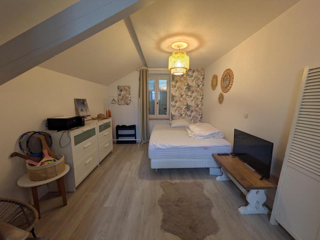 une chambre avec un lit et une télévision dans l'établissement Logement hyper centre et près de la plage 1er étage, à Biarritz