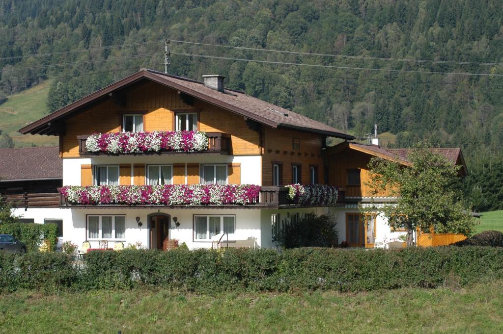 een huis met bloembakken aan de voorkant bij Haus Dachstein Schnitzer in Eben im Pongau