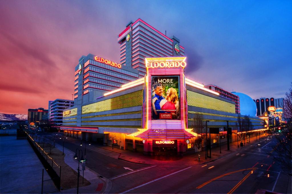 a building with a sign on the side of it at Eldorado Reno Hotel & Casino - A Caesars Rewards Destination in Reno