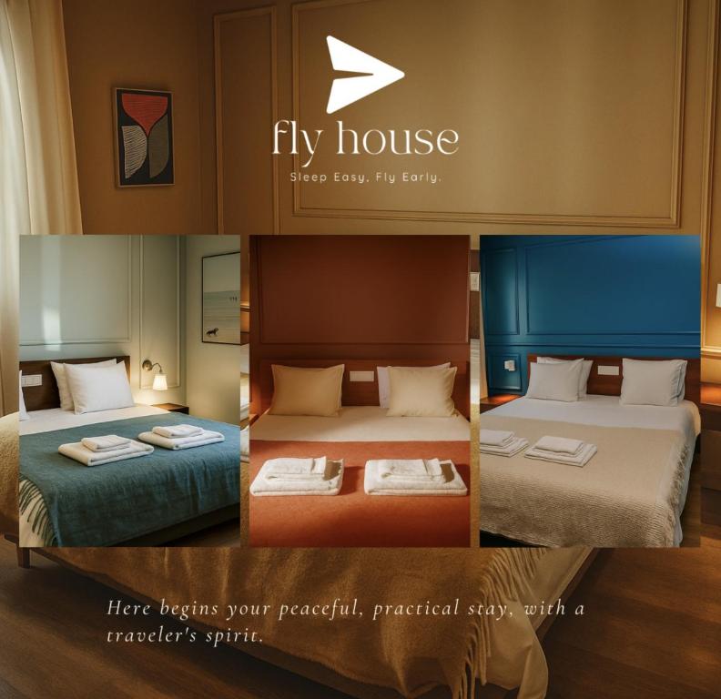 a collage of three pictures of a hotel room at Fly House Faro in Faro