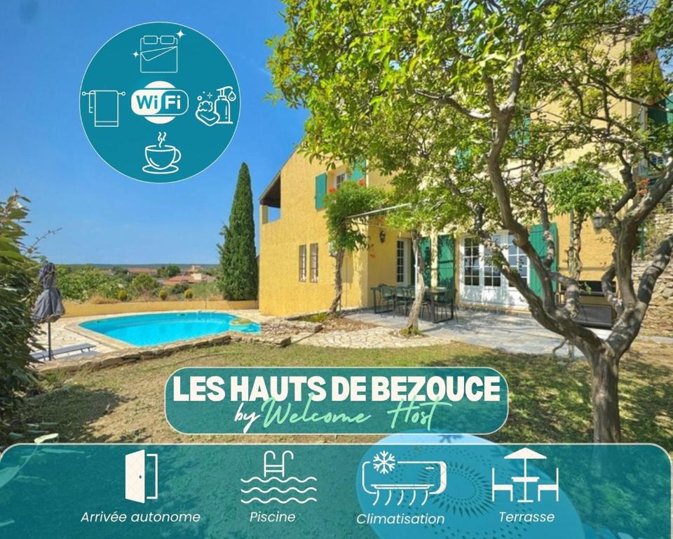 un cartello di fronte a una casa con un edificio di Les Hauts de Bezouce, Vue, Piscine & Calme a Bezouce